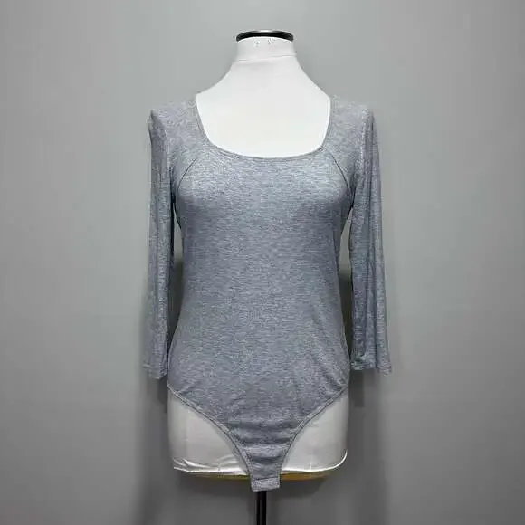 Kaileigh Estelle Square Neck Knit Long Sleeve Bodysuit Gray, Sz L - Picture 4 of 8